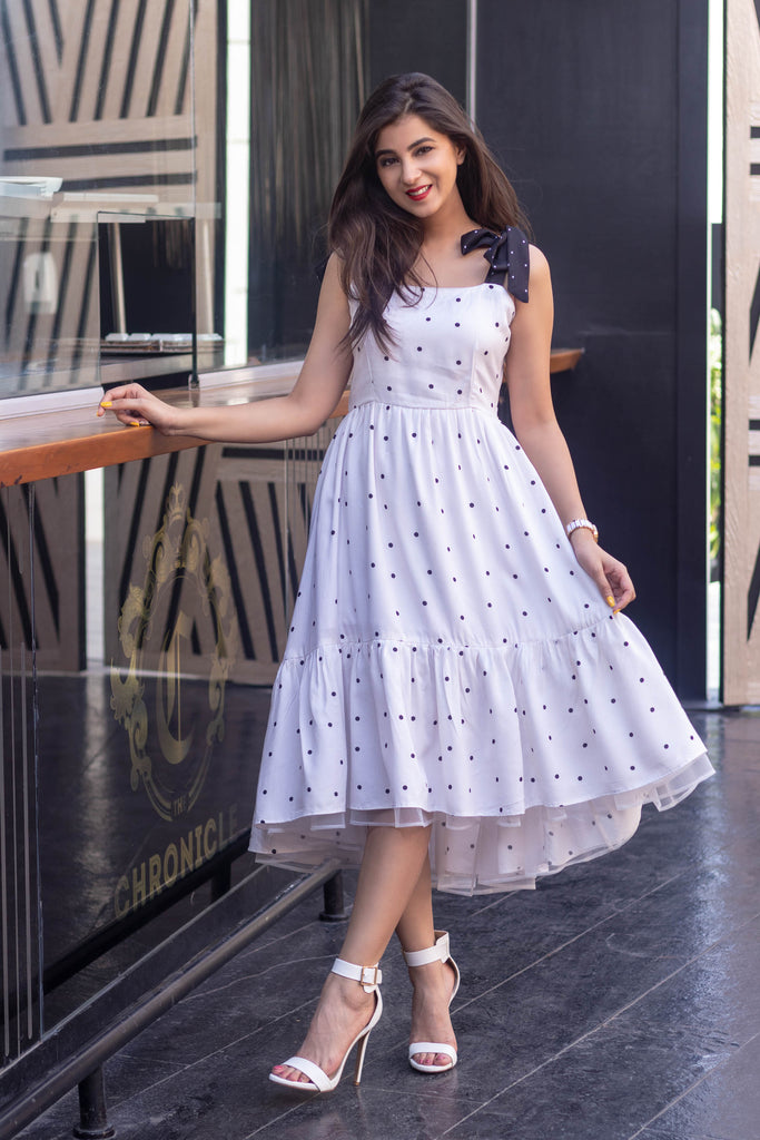 Women's White Polka Dot Long Dress (1pc set)