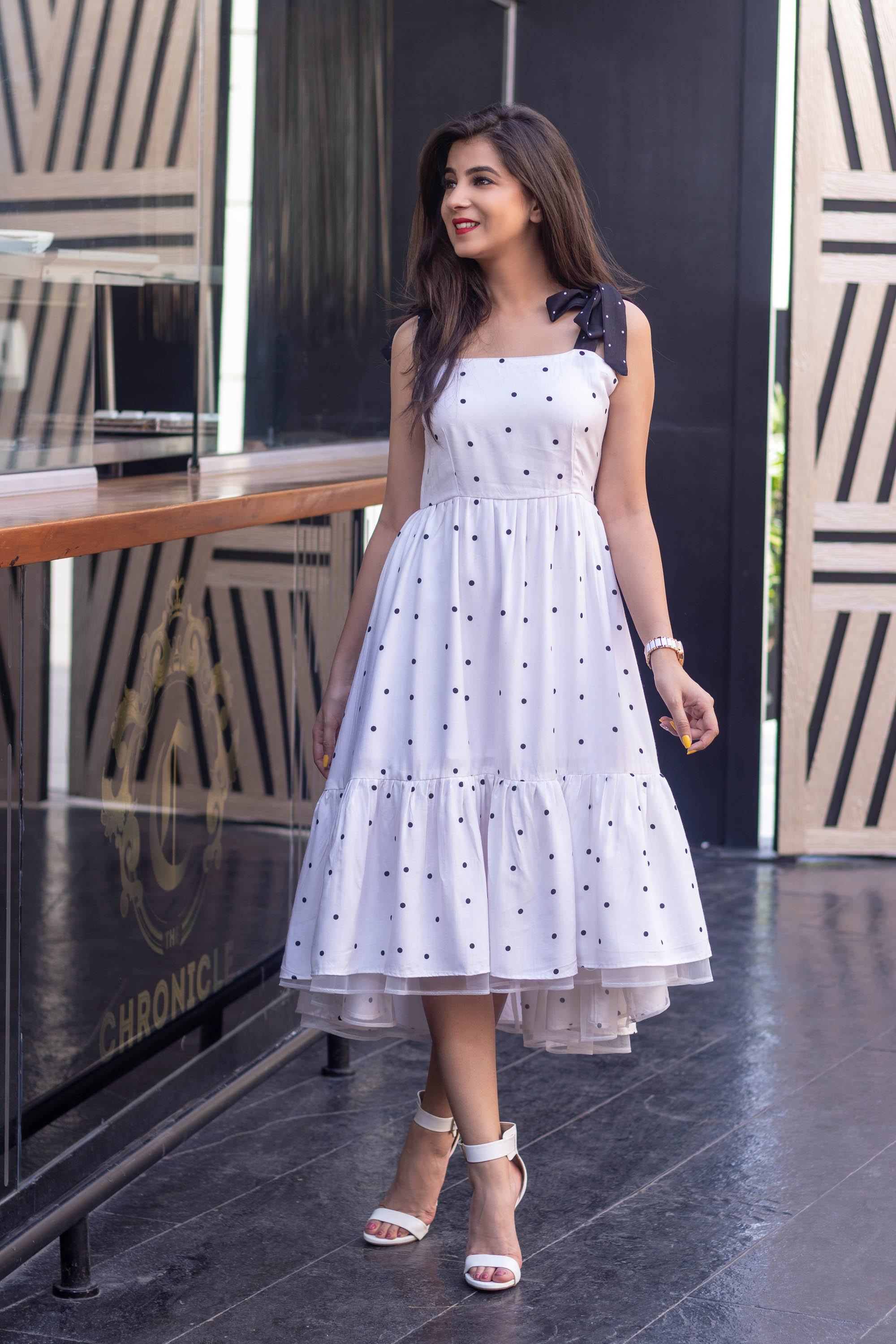 Women's White Polka Dot Long Dress (1pc set) - Label Shaurya Sanadhya