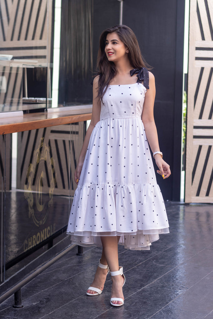 Women's White Polka Dot Long Dress (1pc set)
