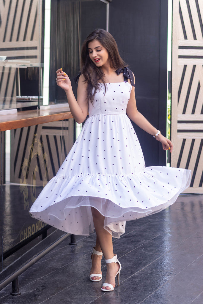 Women's White Polka Dot Long Dress (1pc set)