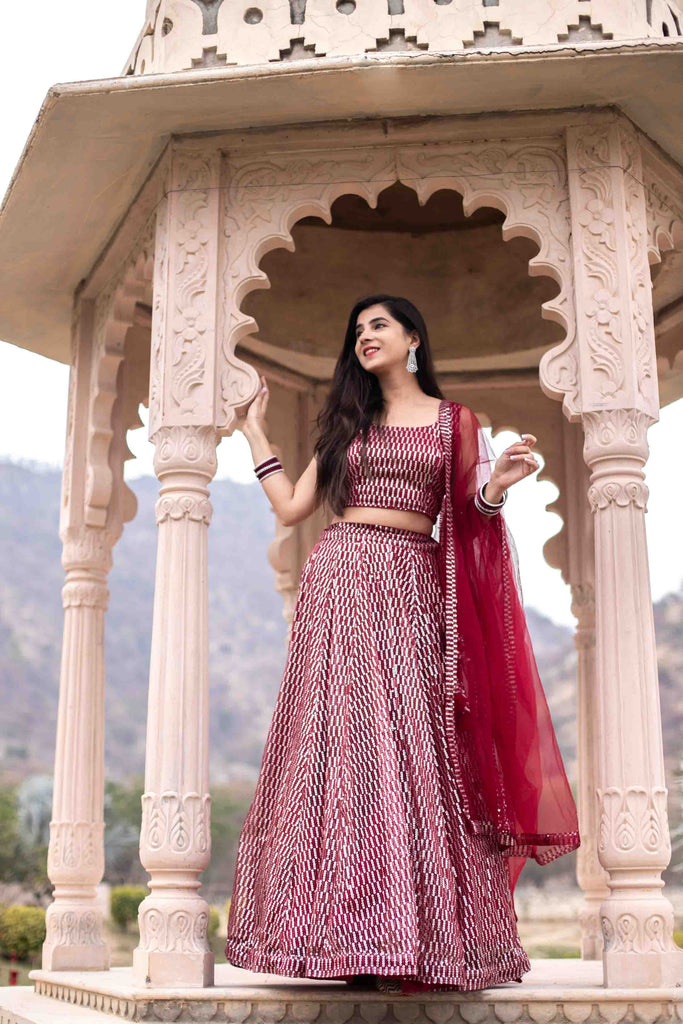 Women's Red Sequin Lehenga Set by Label S