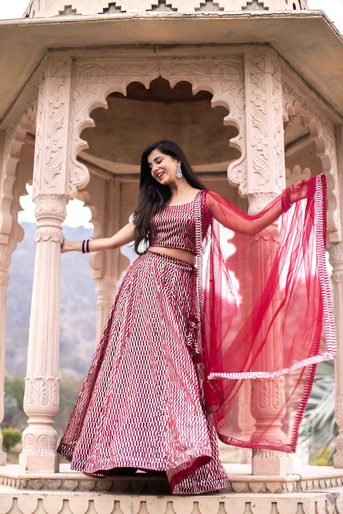 Women's Red Sequin Lehenga Set by Label S