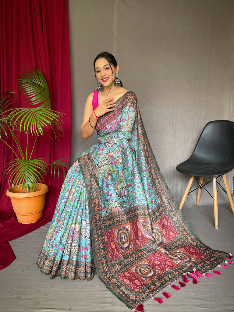 Women's Cotton Bandhani Kalamkari Printed Saree Sky