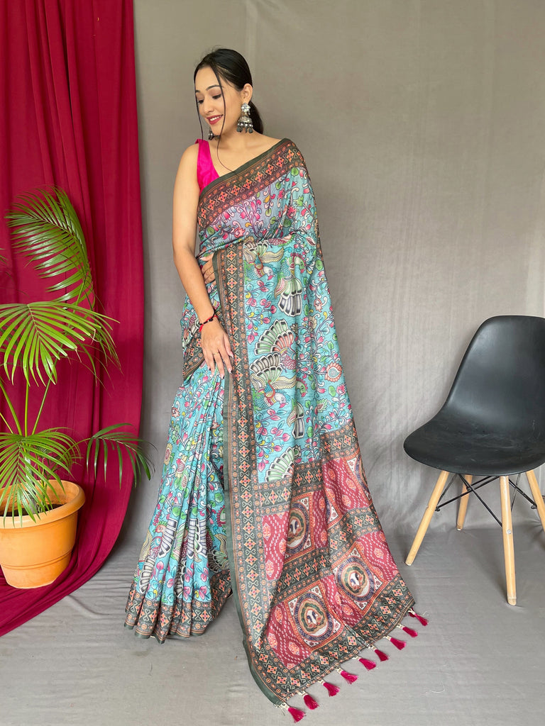 Women's Cotton Bandhani Kalamkari Printed Saree Sky