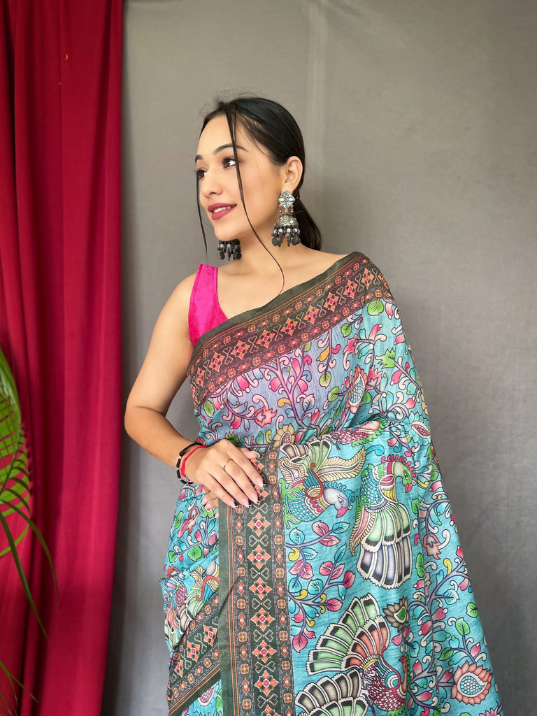 Women's Cotton Bandhani Kalamkari Printed Saree Sky