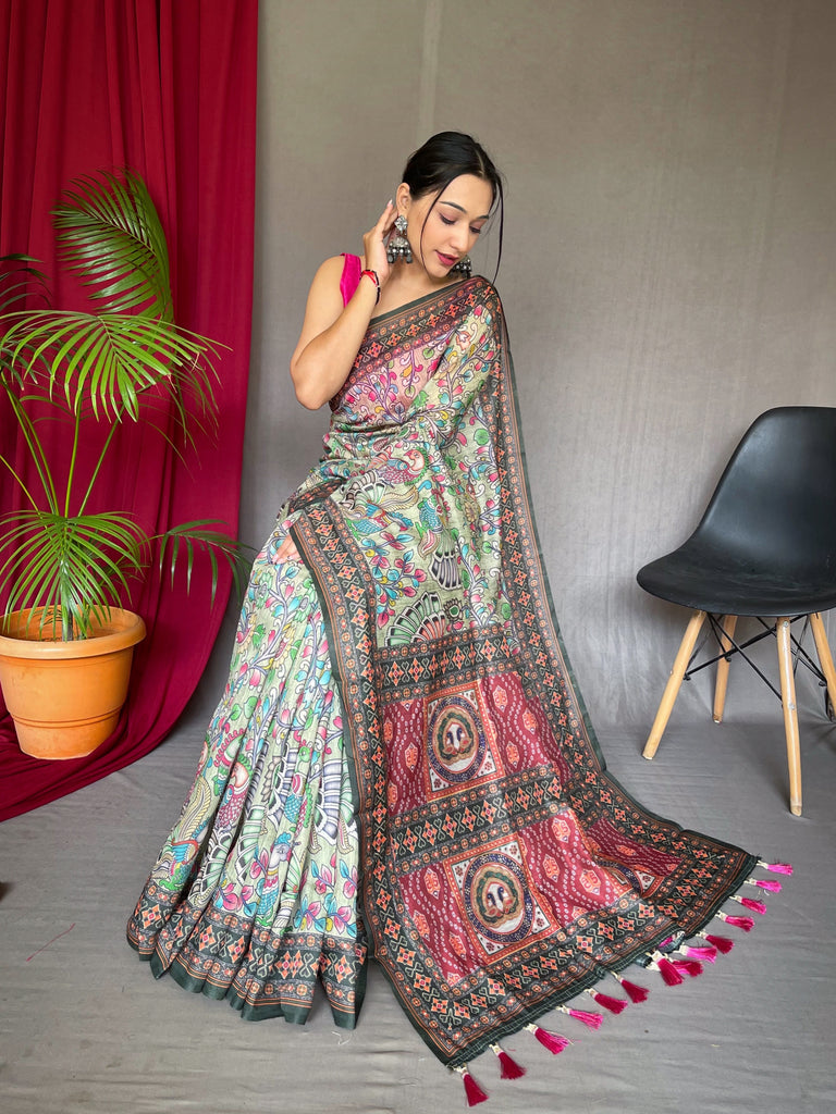 Women's Cotton Bandhani Kalamkari Printed Saree Pista
