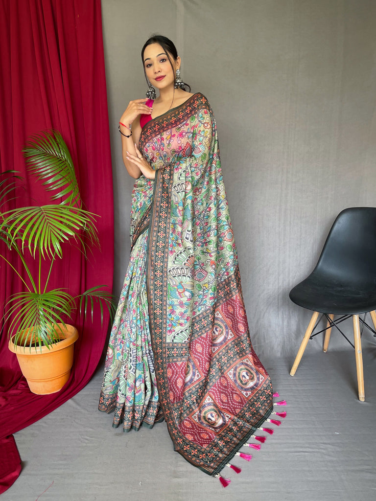 Women's Cotton Bandhani Kalamkari Printed Saree Pista