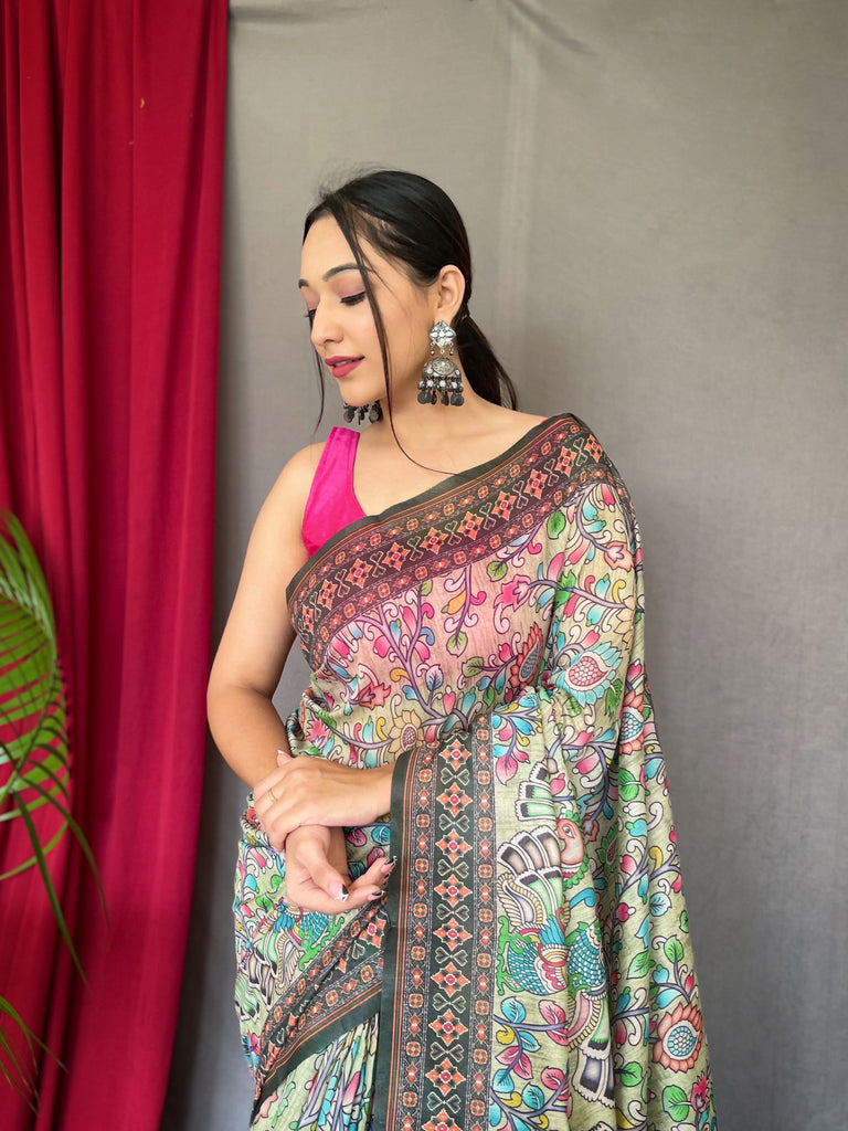 Women's Cotton Bandhani Kalamkari Printed Saree Pista
