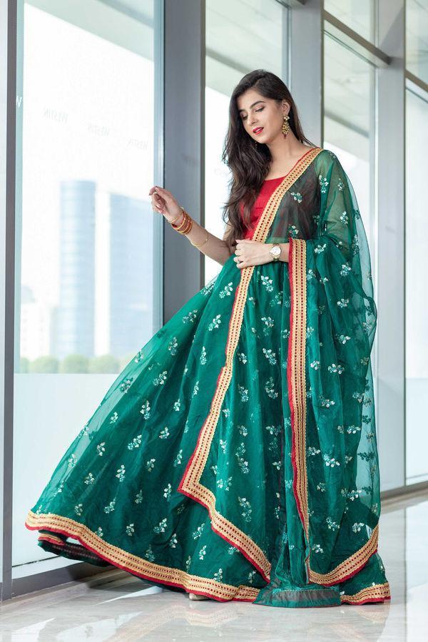 Women's Bottle Green And Red Lehenga Set (3pcs set)