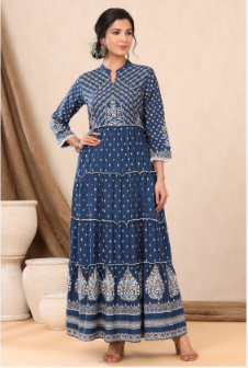 Women's Indigo Rayon Printed Tiered Dress - Juniper