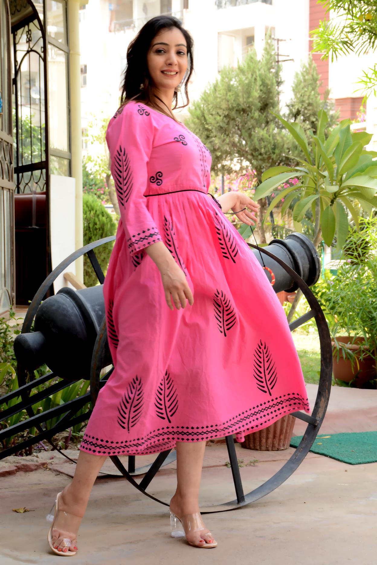 Women's Block Printed Anarkali Pink Kurta-(1pc) - Indi Inside
