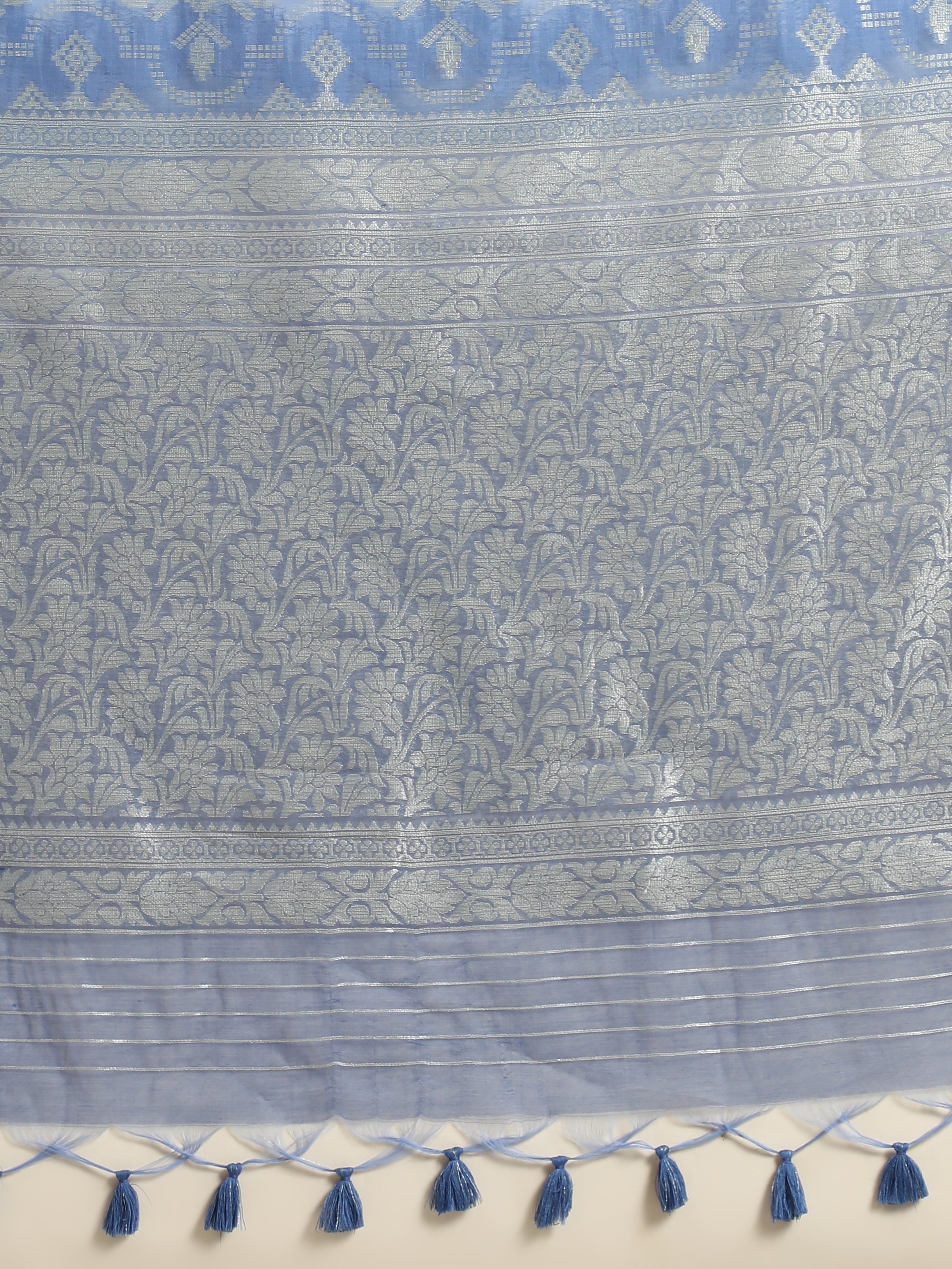 Women's Blue Woven Soft Organza Silk Saree With Tassels - Vishnu Weaves