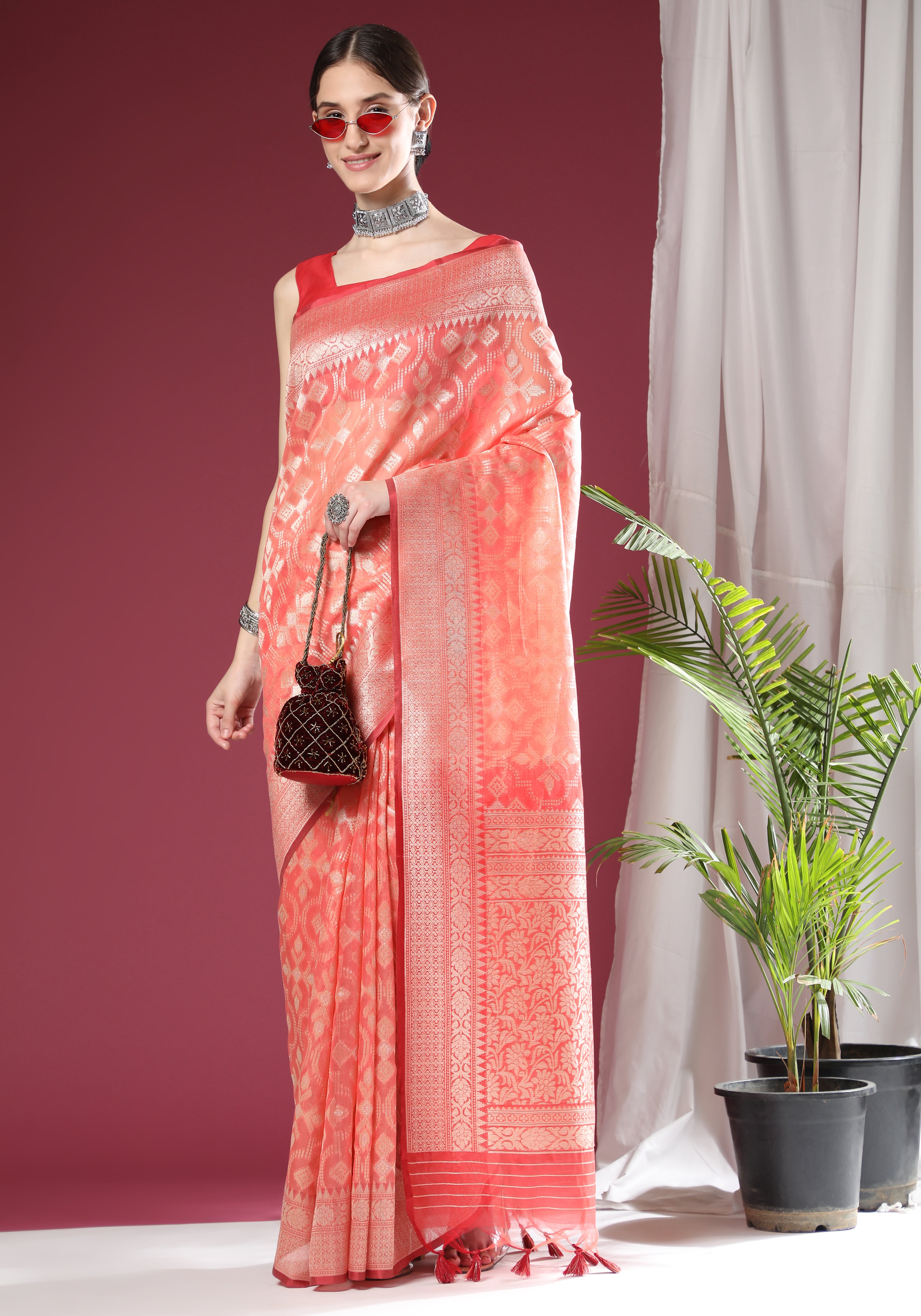 Women's Peach Woven Soft Organza Silk Saree With Tassels - Vishnu Weaves