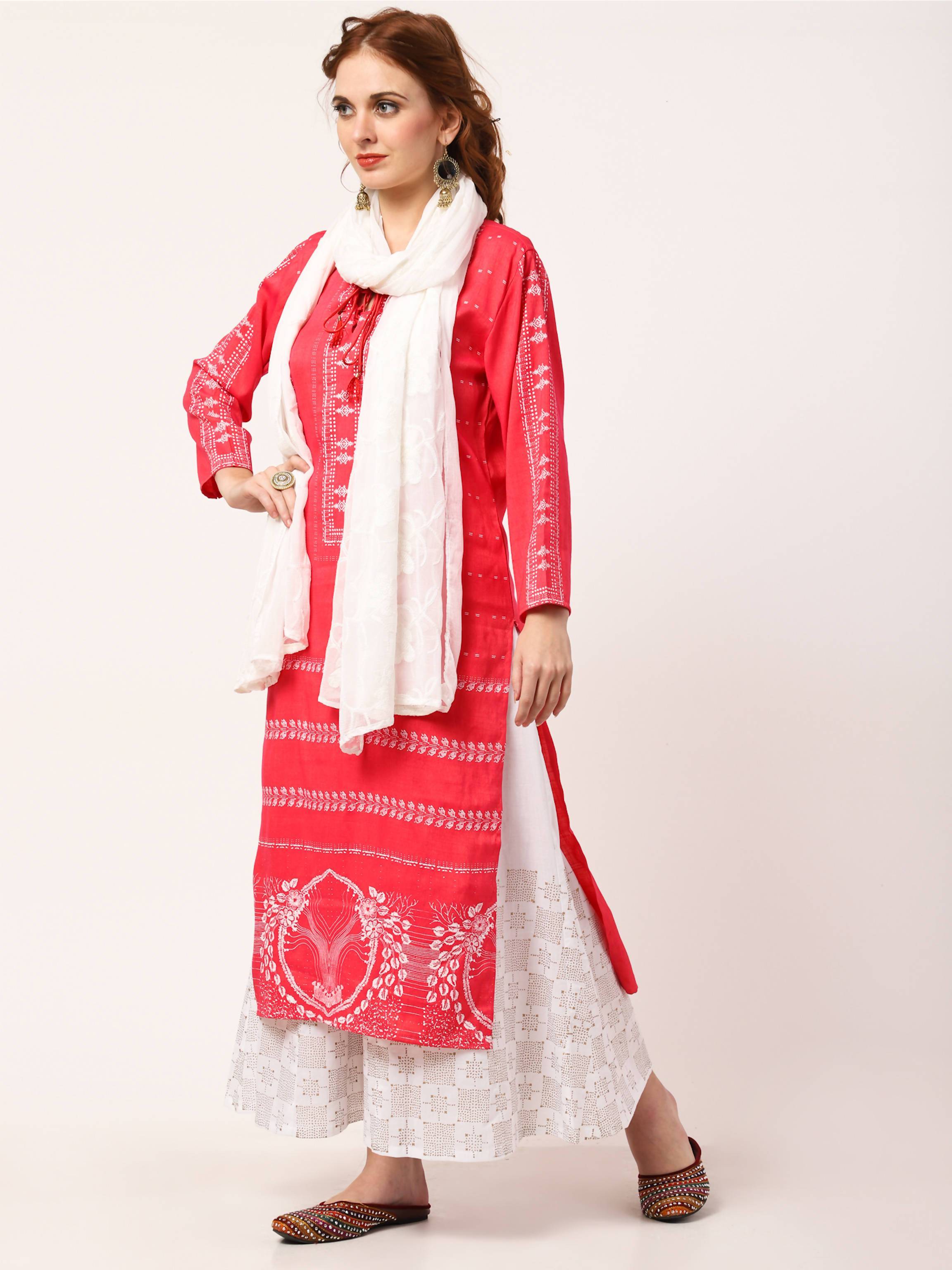Women's White & Gajri Pink Viscose Rayon Printed Kurta Palazzo With Embroidered Dupatta Set - Cheera