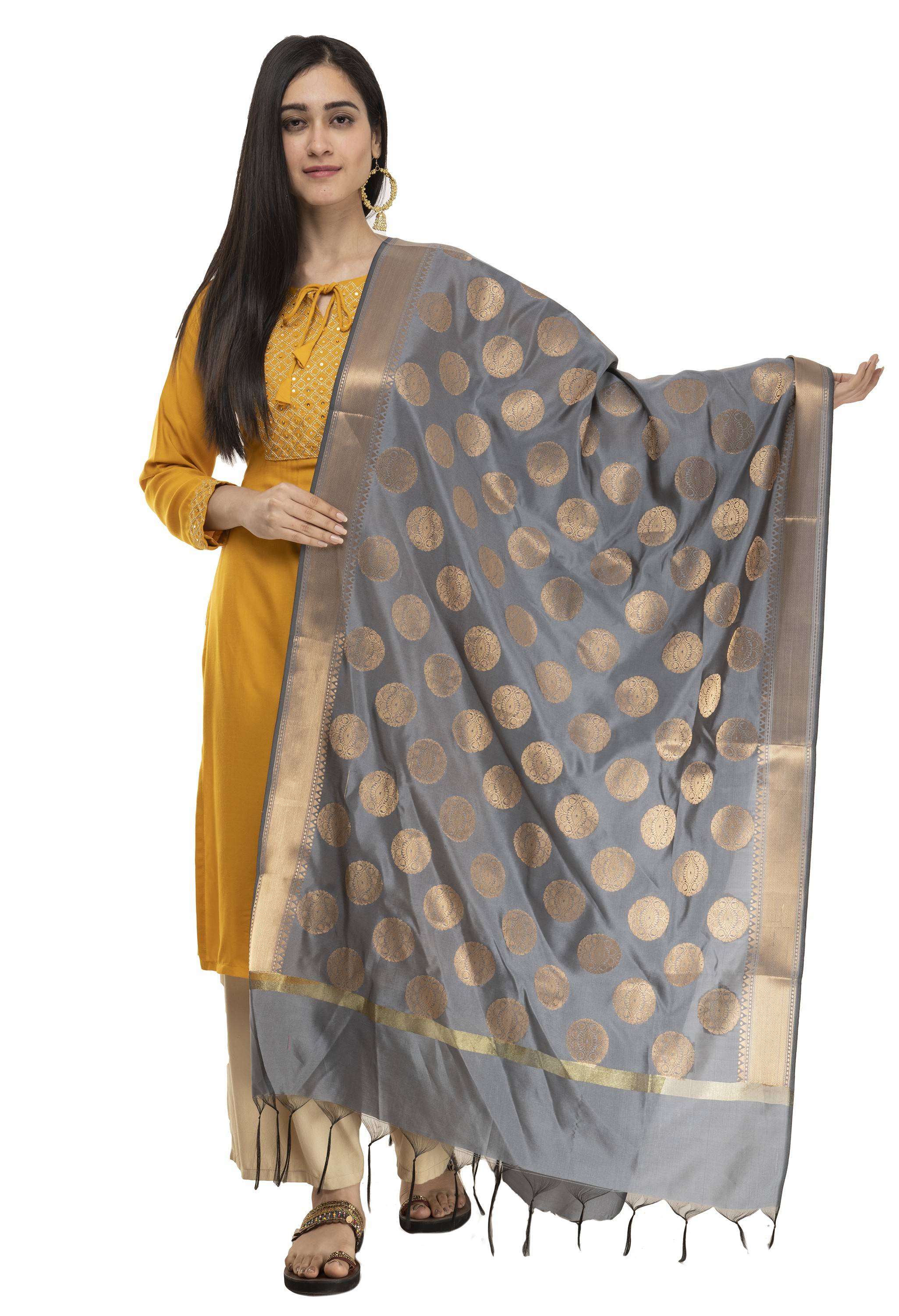 A R Silk Women's Tapeta Silk Zari Work Dark Grey Banarsi Silk Dupatta ARS0404