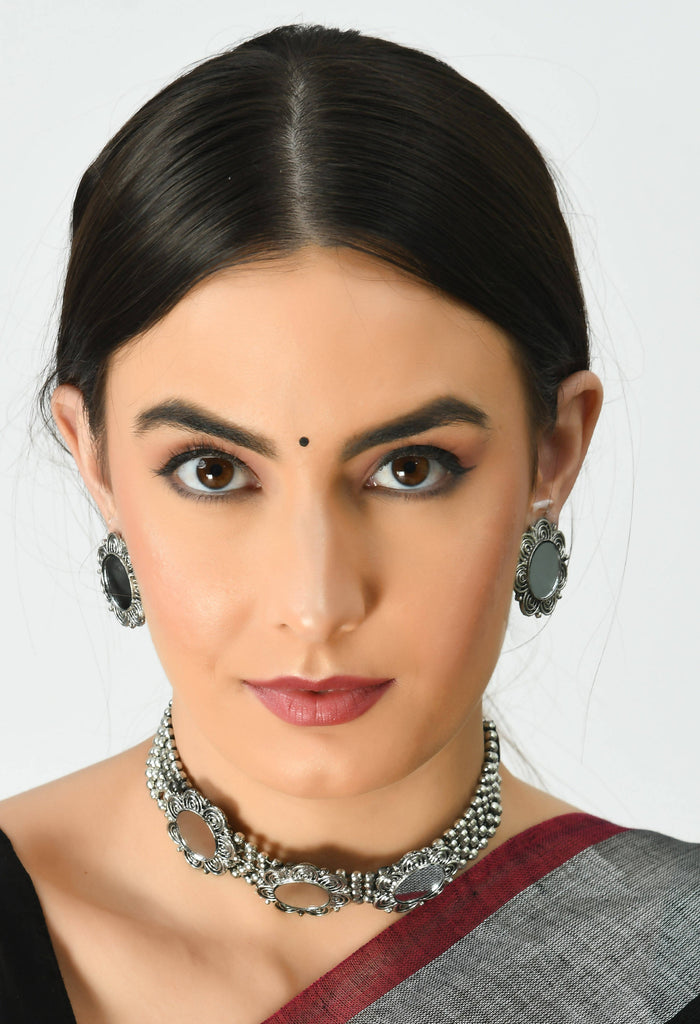Kamal Johar Silver-Plated Floral Mirror design Neckalace with Ear