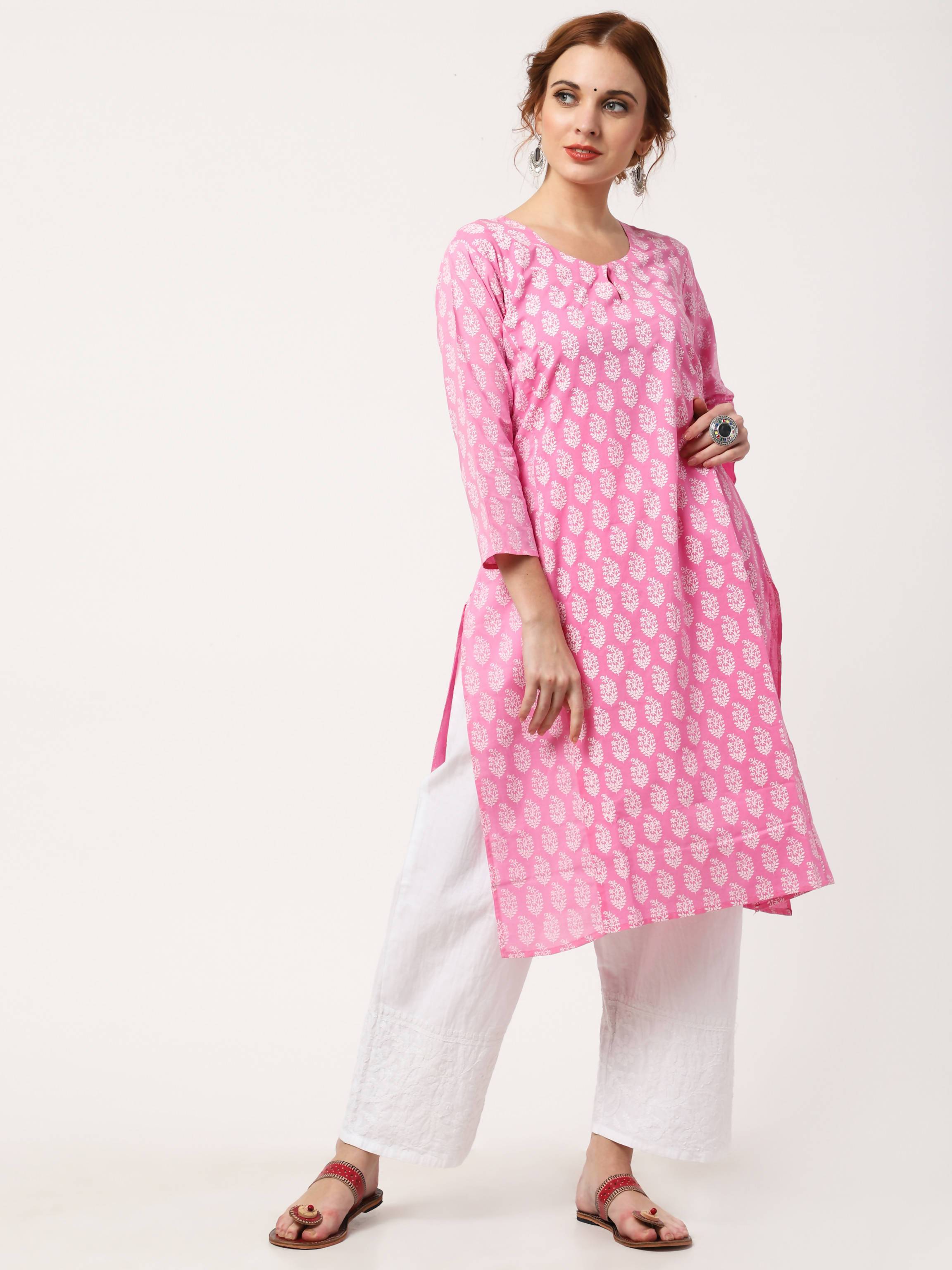 Women's Pink & White Cotton Kurta With Chikankari Palazzo Set - Cheera