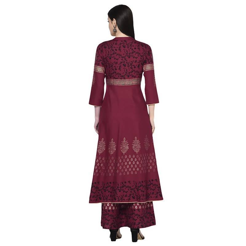 Women's Maroon Rayon Block print Anarkali kurta