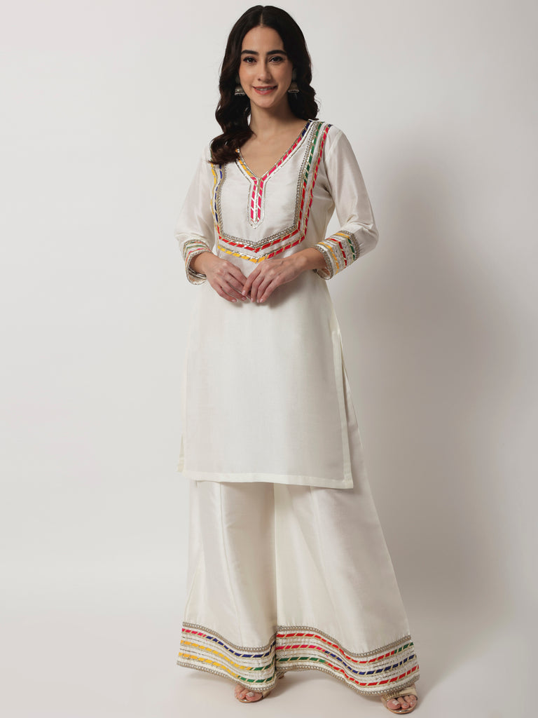 Women's Charming Ivory Short Kurti With Kalidaar Palazzo