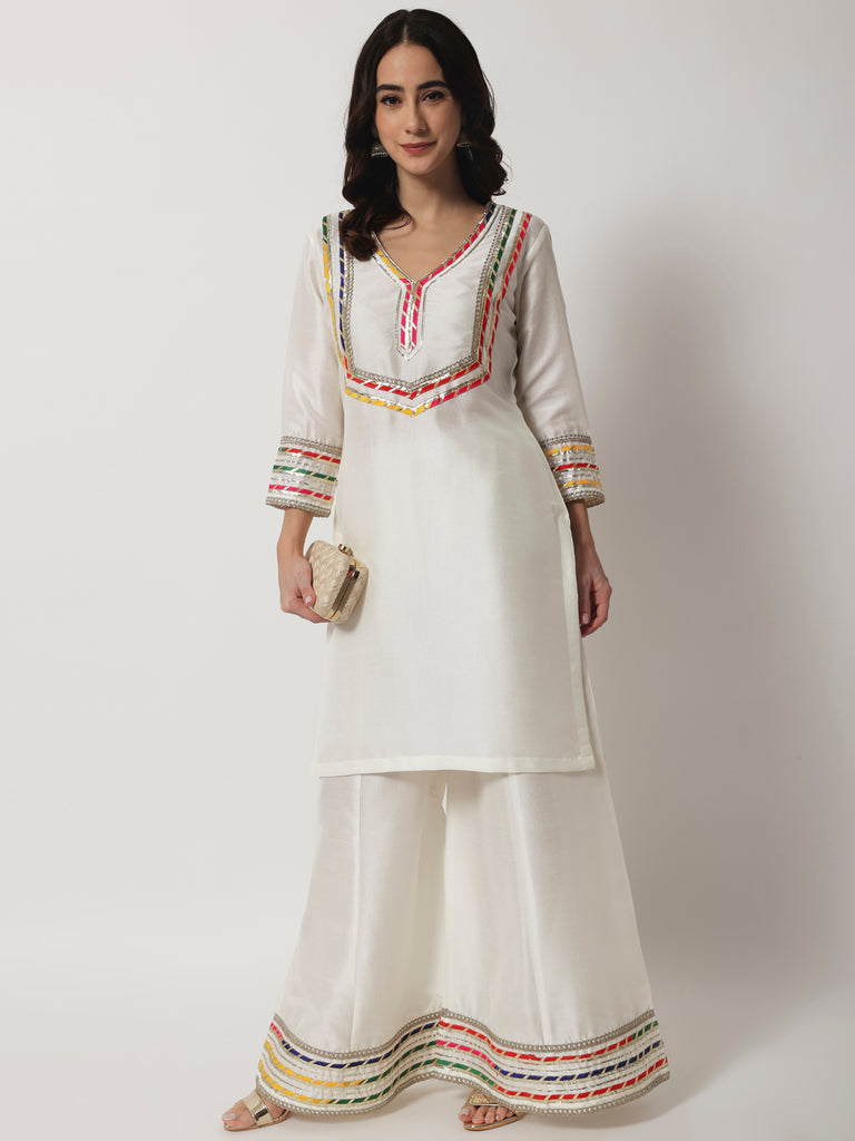 Women's Charming Ivory Short Kurti With Kalidaar Palazzo