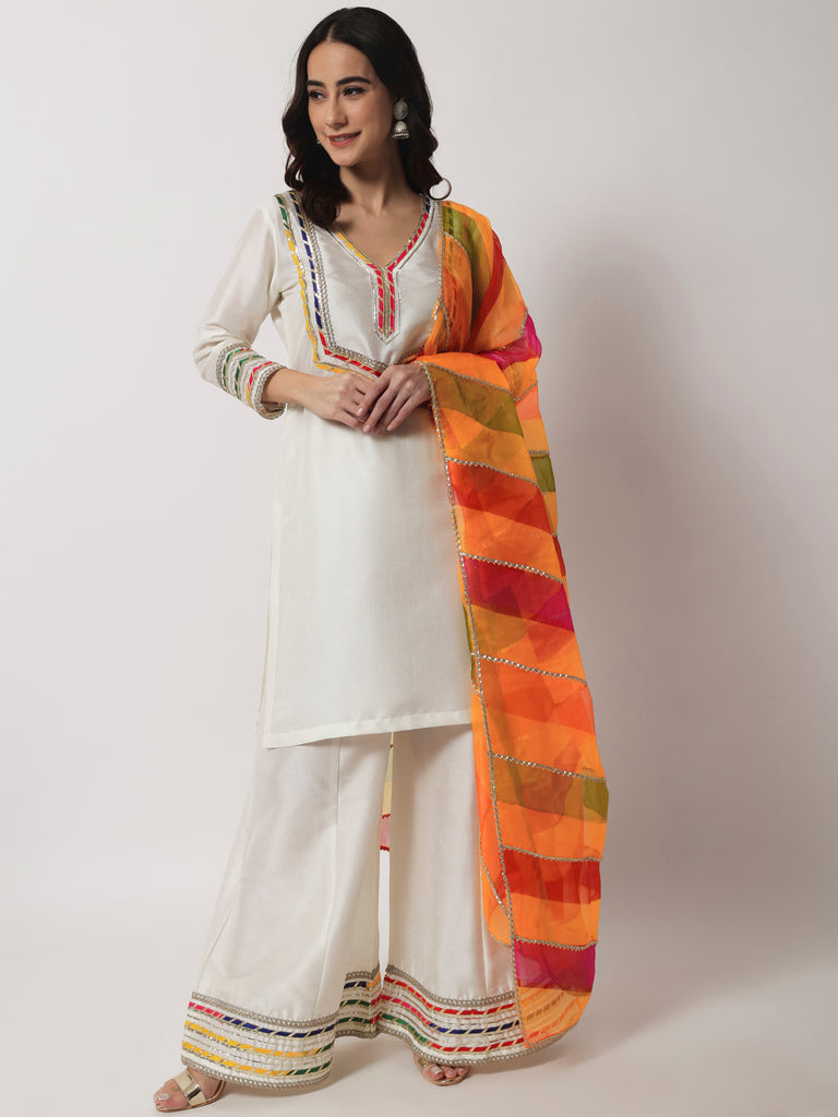 Women's Charming Ivory Kurti With Kalidaar Palazzo And Multi-Colour Leheriya Dupatta