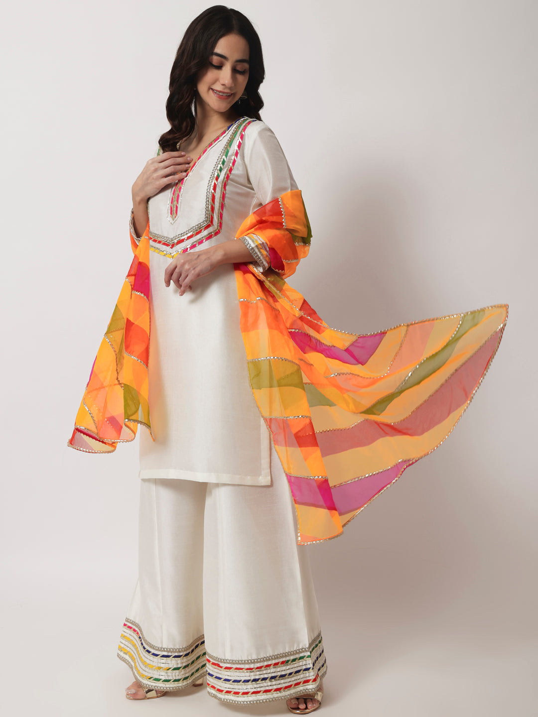 Women's Charming Ivory Kurti With Kalidaar Palazzo And Multi-Colour Leheriya Dupatta