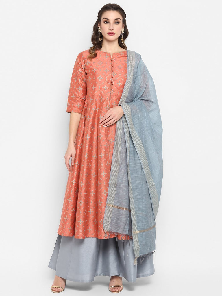 Women's Peach Poly Silk Kurta With Palazzo And Dupatta