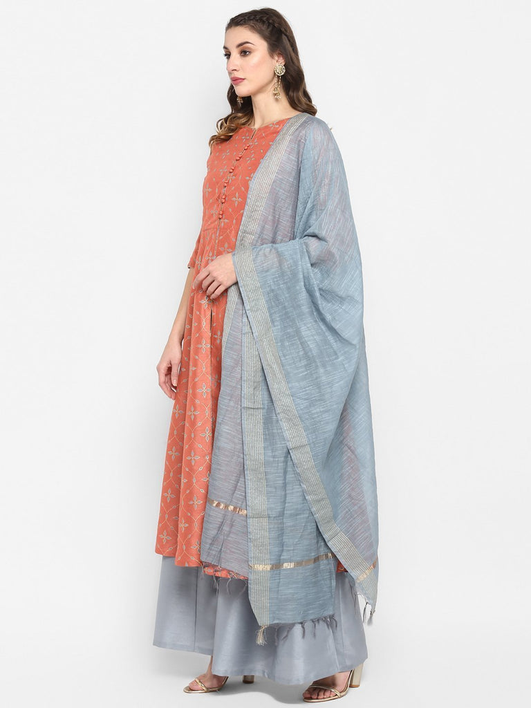 Women's Peach Poly Silk Kurta With Palazzo And Dupatta