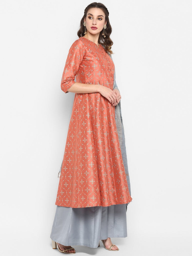 Women's Peach Poly Silk Kurta With Palazzo And Dupatta
