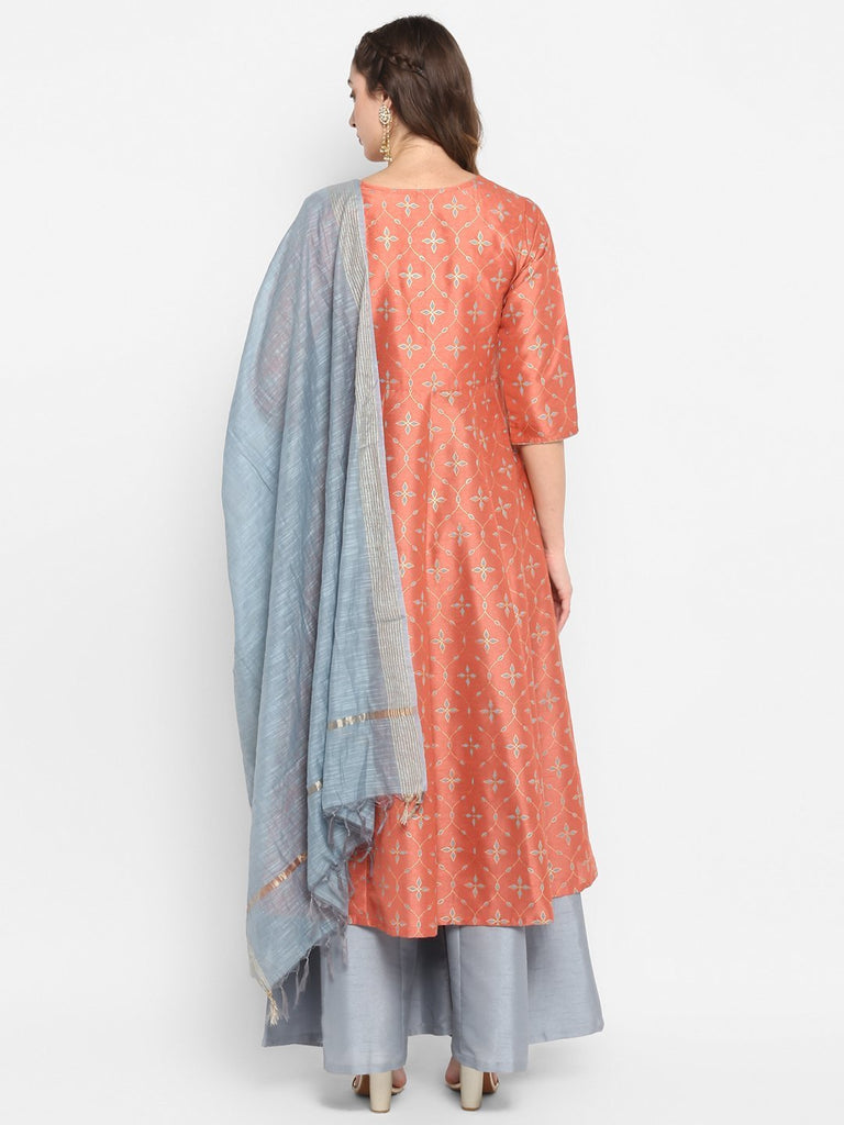 Women's Peach Poly Silk Kurta With Palazzo And Dupatta