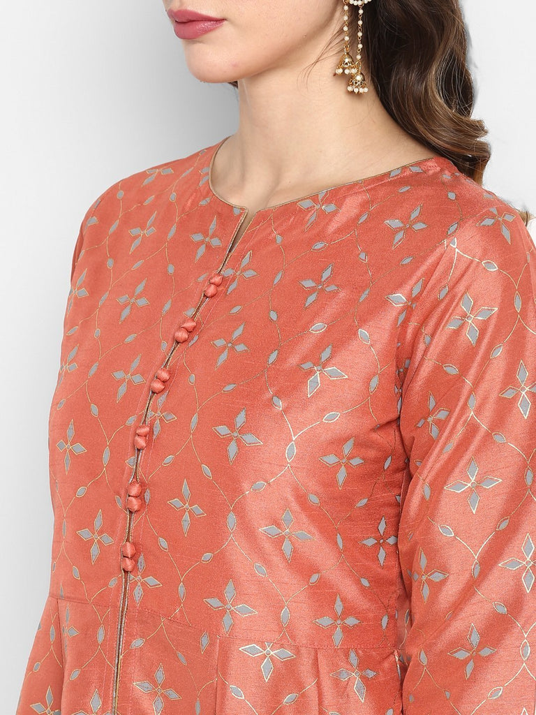 Women's Peach Poly Silk Kurta With Palazzo And Dupatta