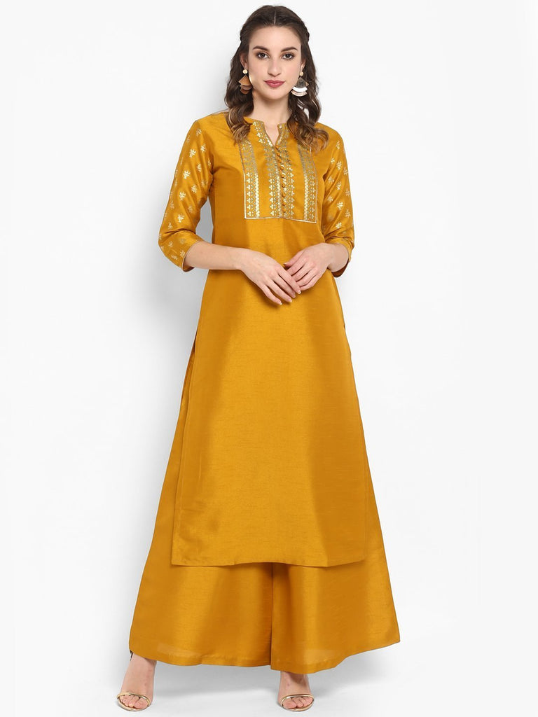 Women's Mustard Poly Silk Kurta With Palaz