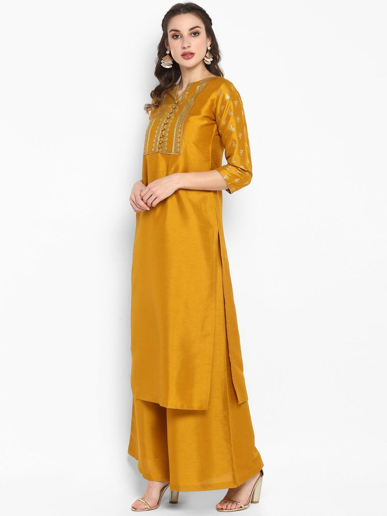 Women's Mustard Poly Silk Kurta With Palaz