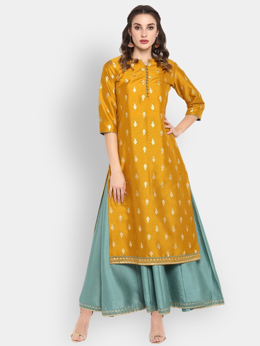 Women's Mustard Poly Silk Ethnic Dress Set - Janasya