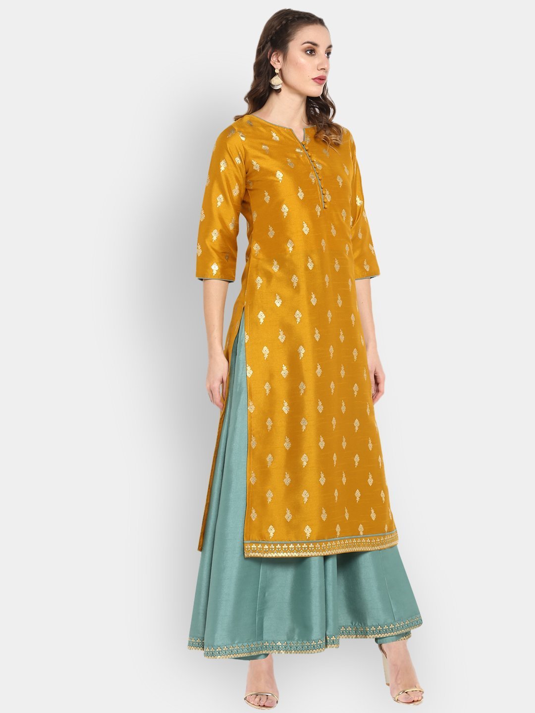 Women's Mustard Poly Silk Ethnic Dress Set - Janasya