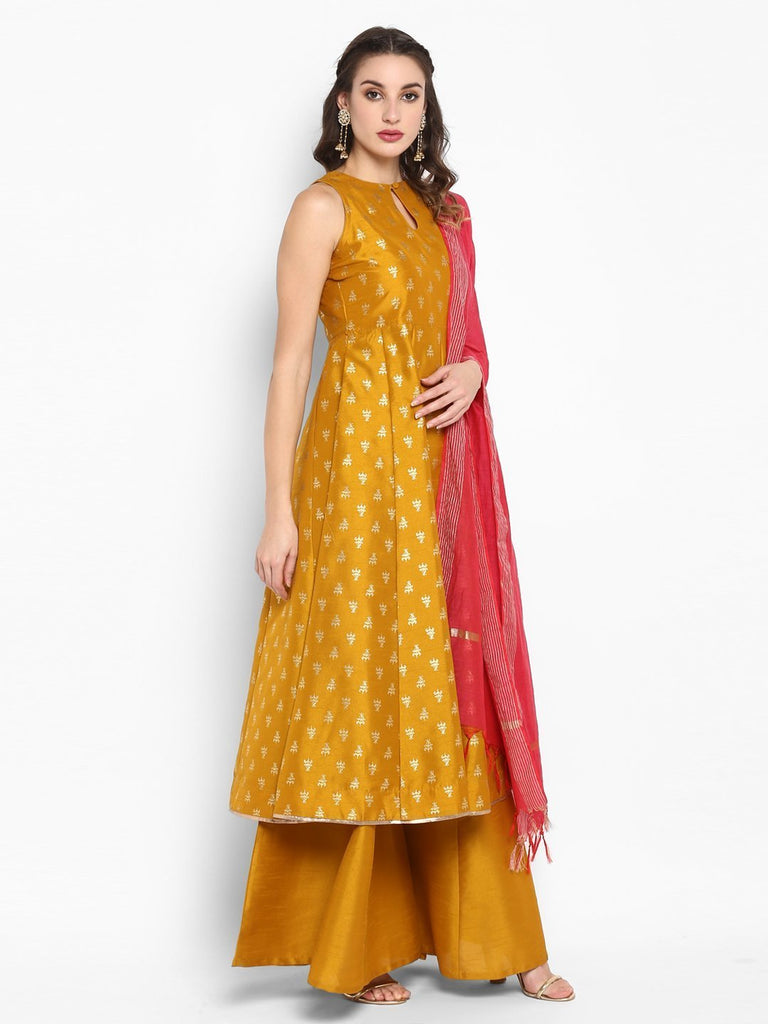 Women's Peach Rayon Foil Print Kurti With Palazzo