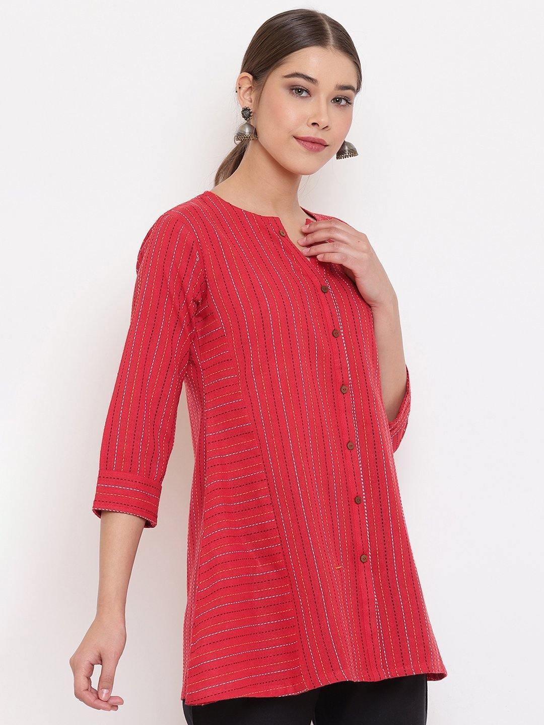 Women's Red Weaved Cotton Top-Janasya