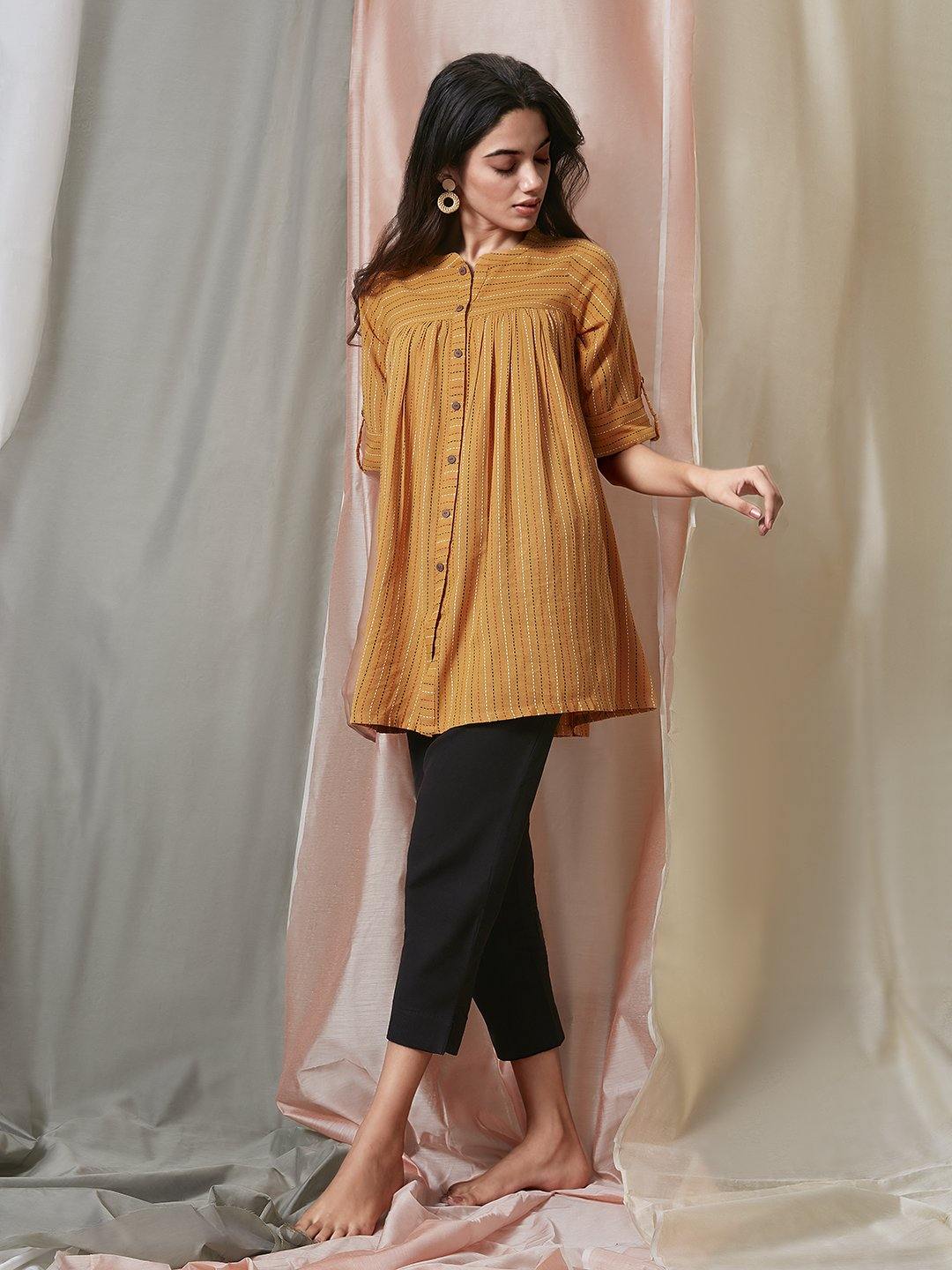 Women's Mustard Cotton Woven Design Gathered Product Type-Tops - Janasya