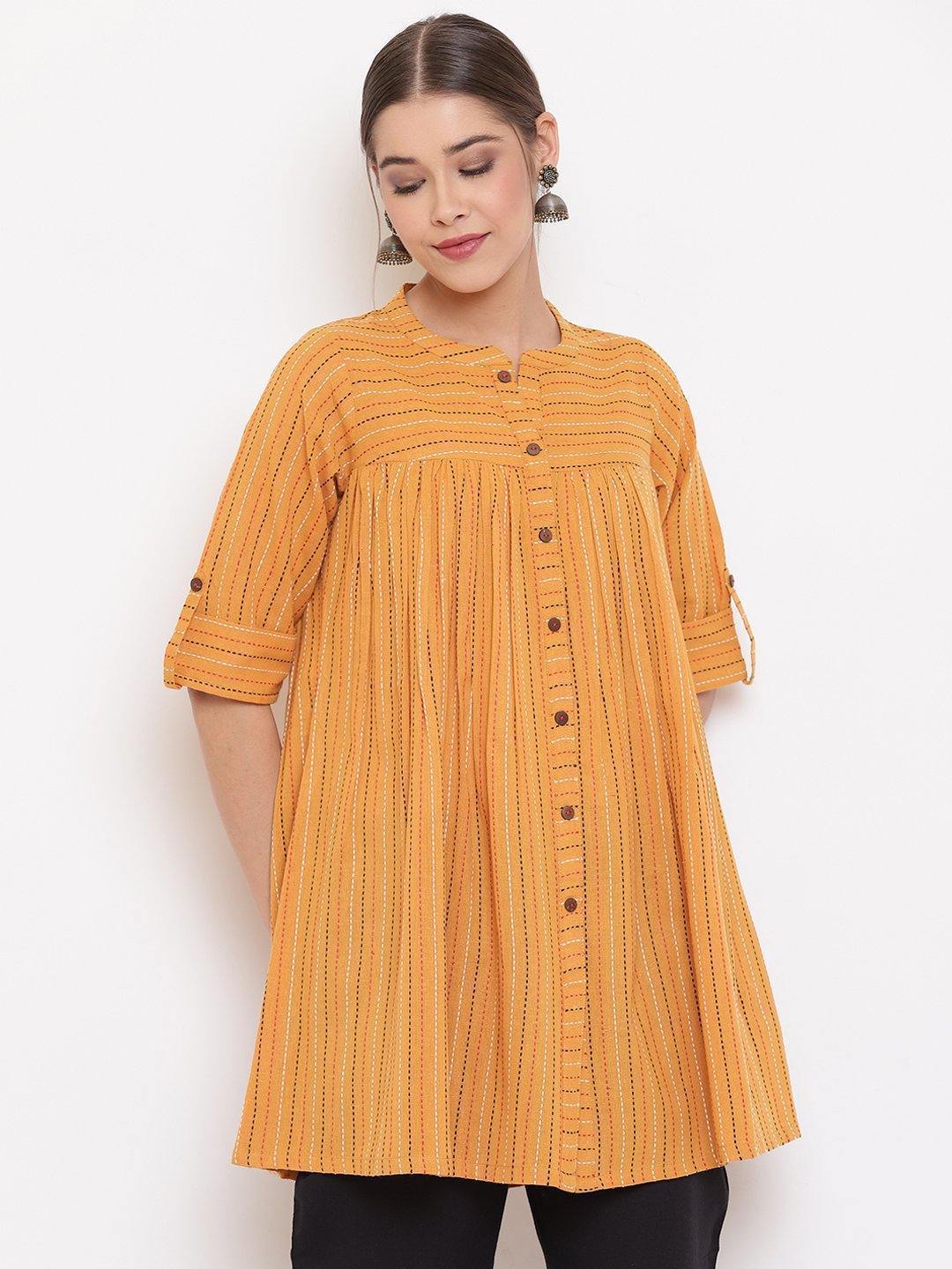 Women's Mustard Cotton Woven Design Gathered Product Type-Tops