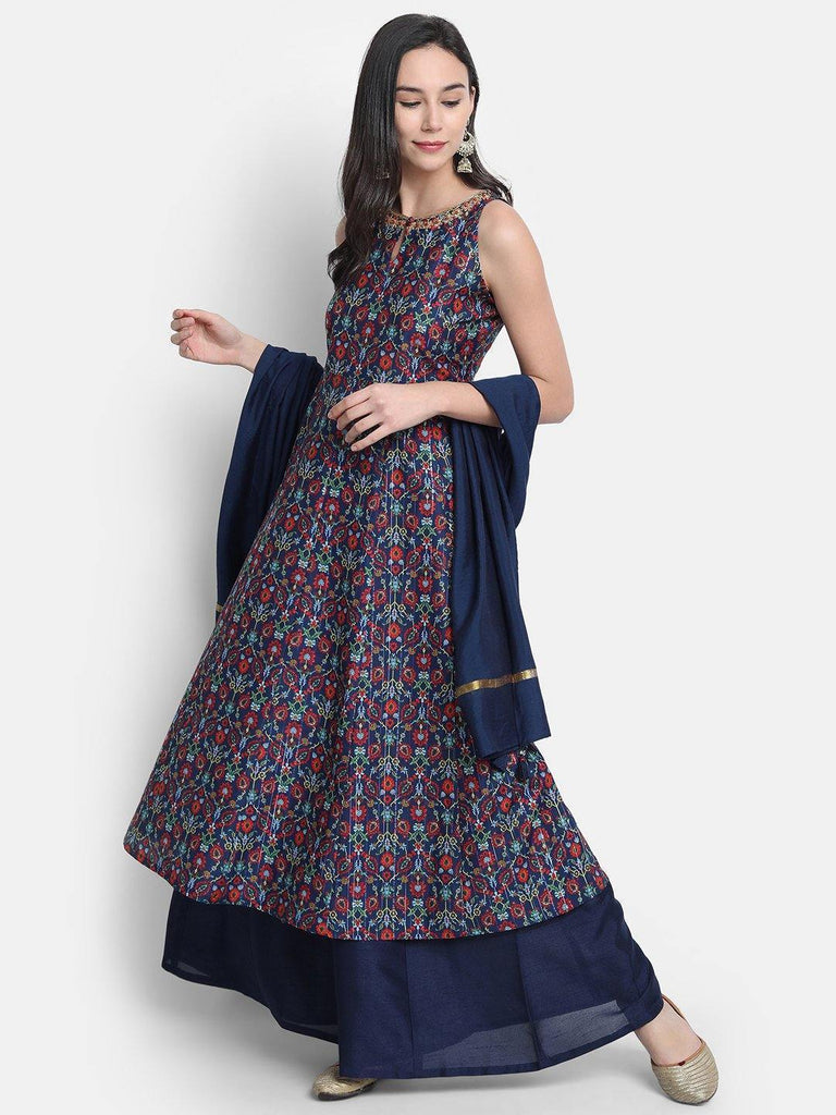 Women's Blue Poly Muslin Kurta With Palazzo And Dupat