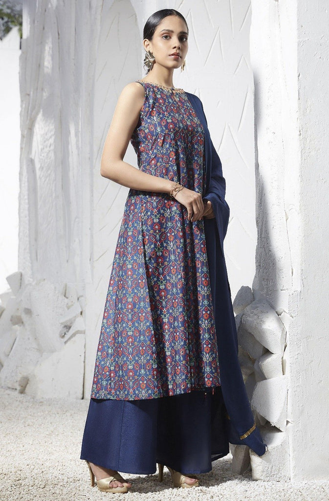 Women's Blue Poly Muslin Kurta With Palazzo And Dupat