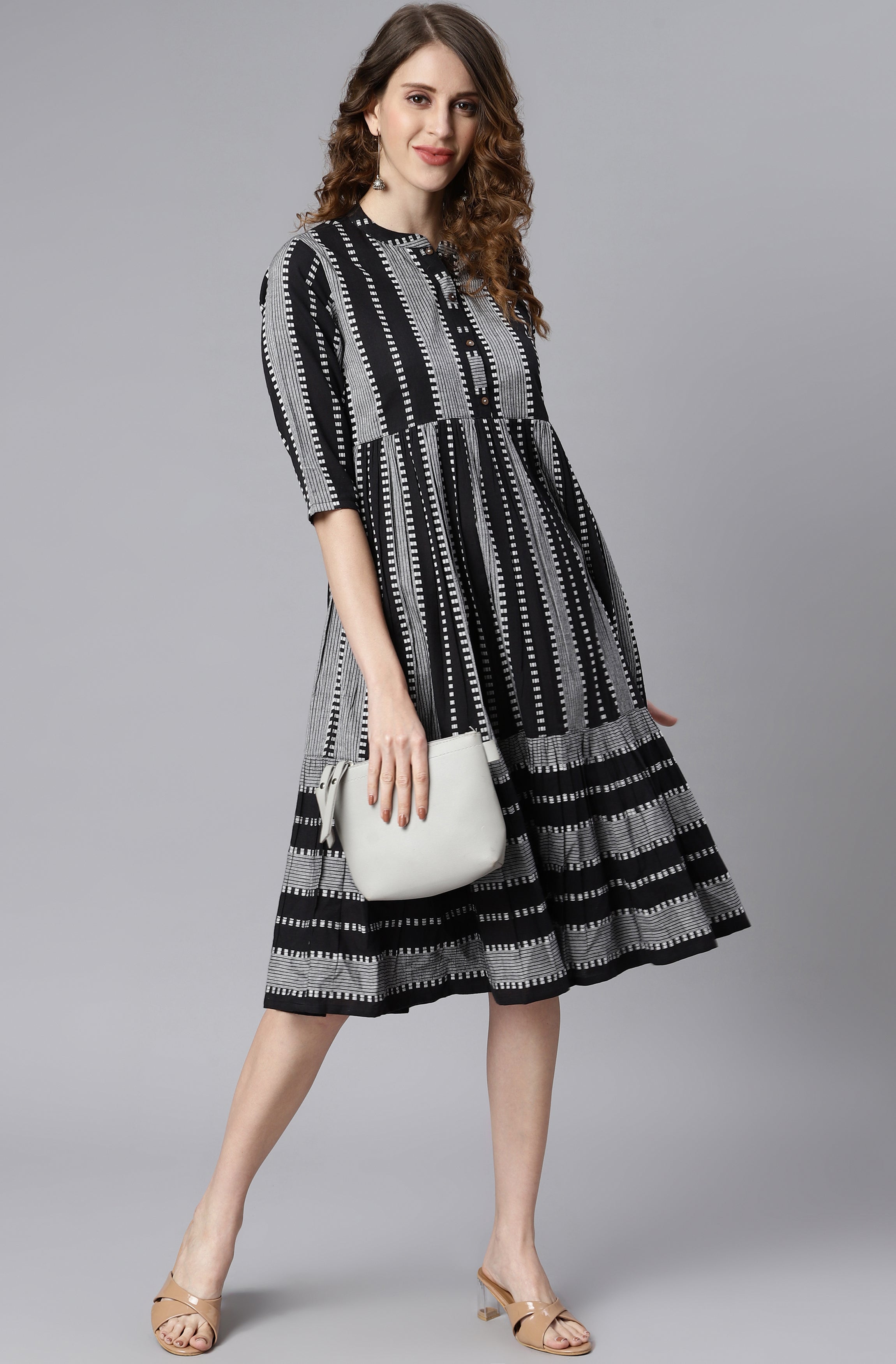 Women's Striped Black Cotton Dress - Janasya