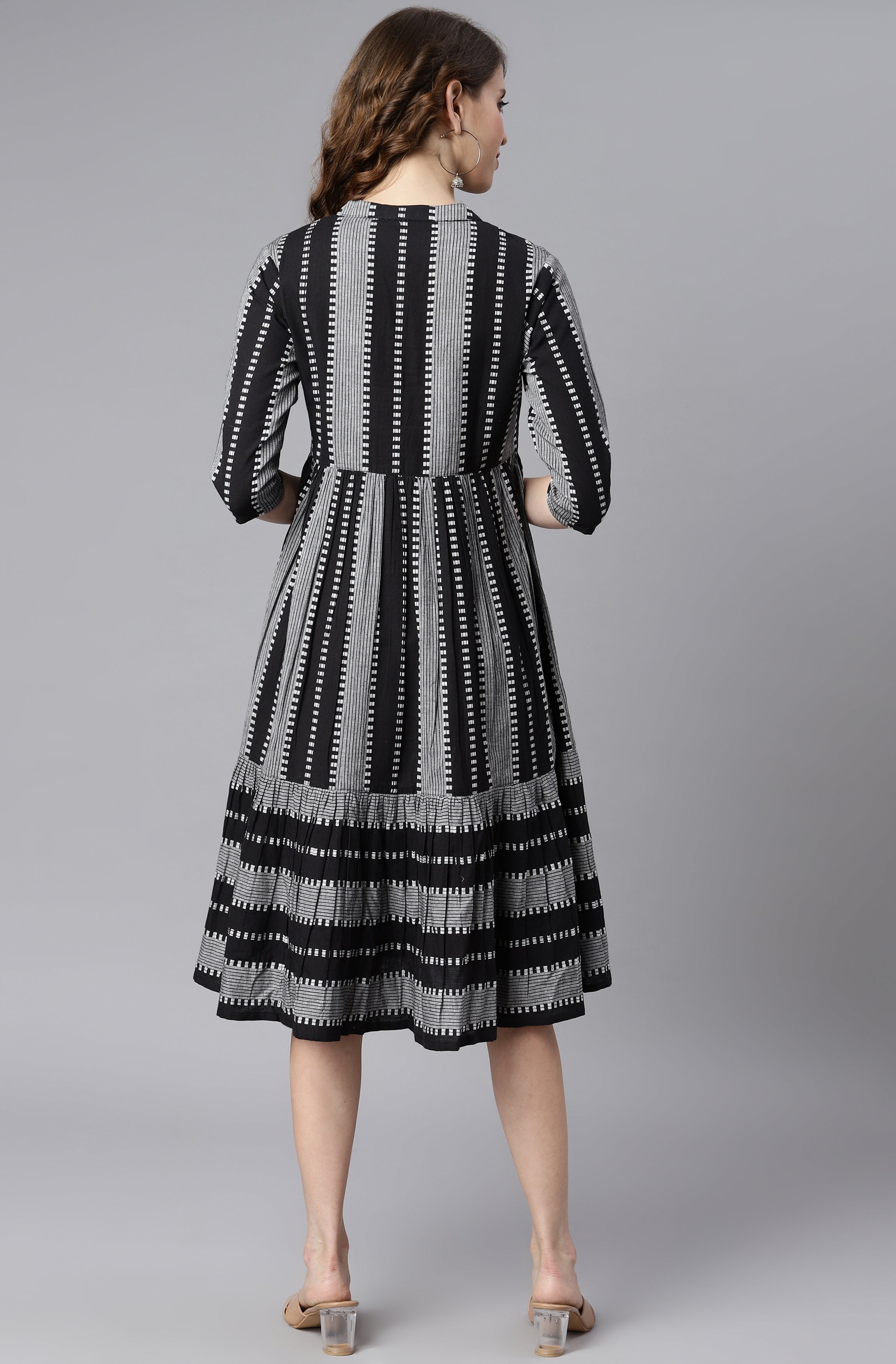 Women's Striped Black Cotton Dress - Janasya