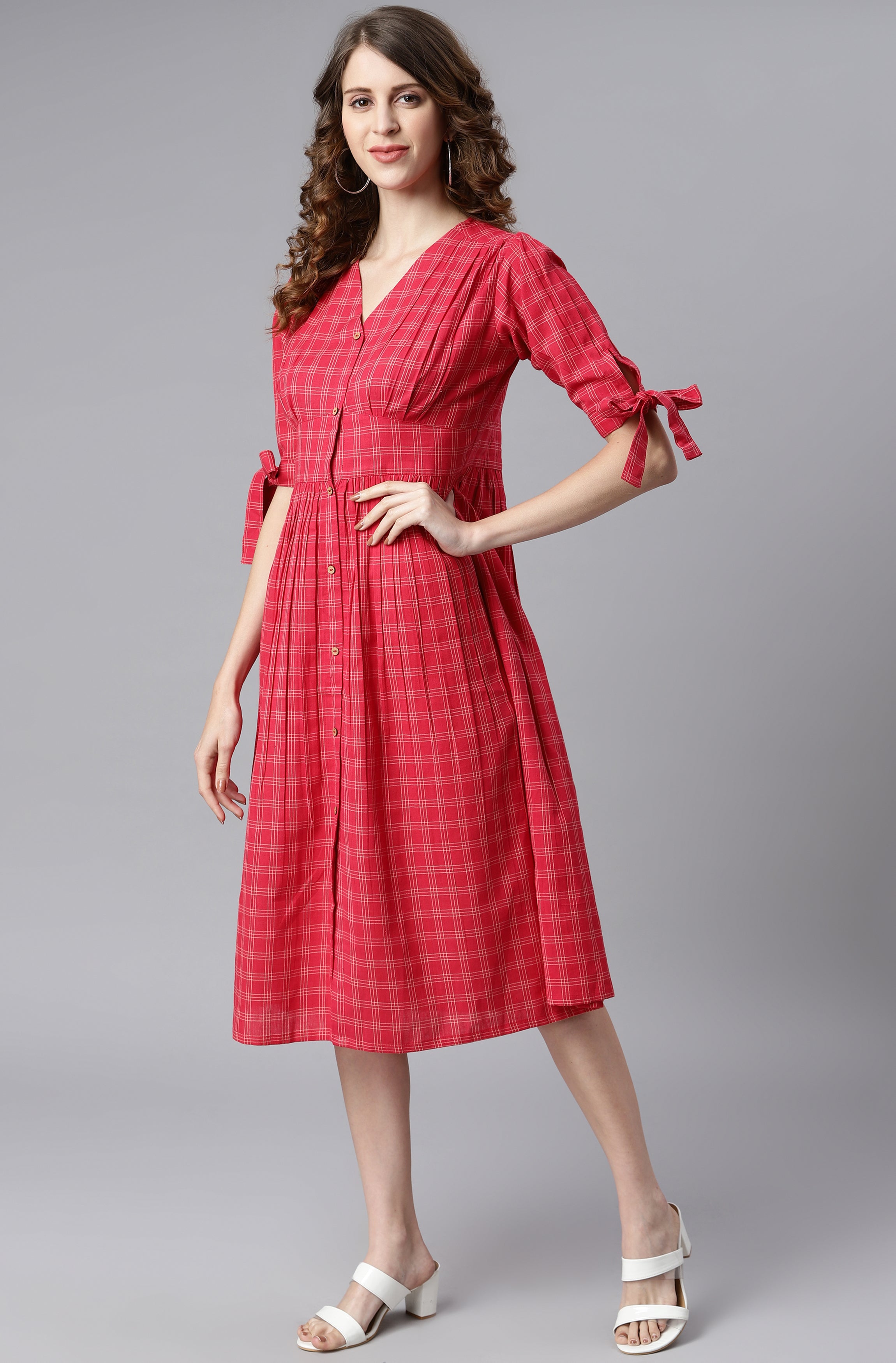Women's Checkered Red Cotton Dress - Janasya