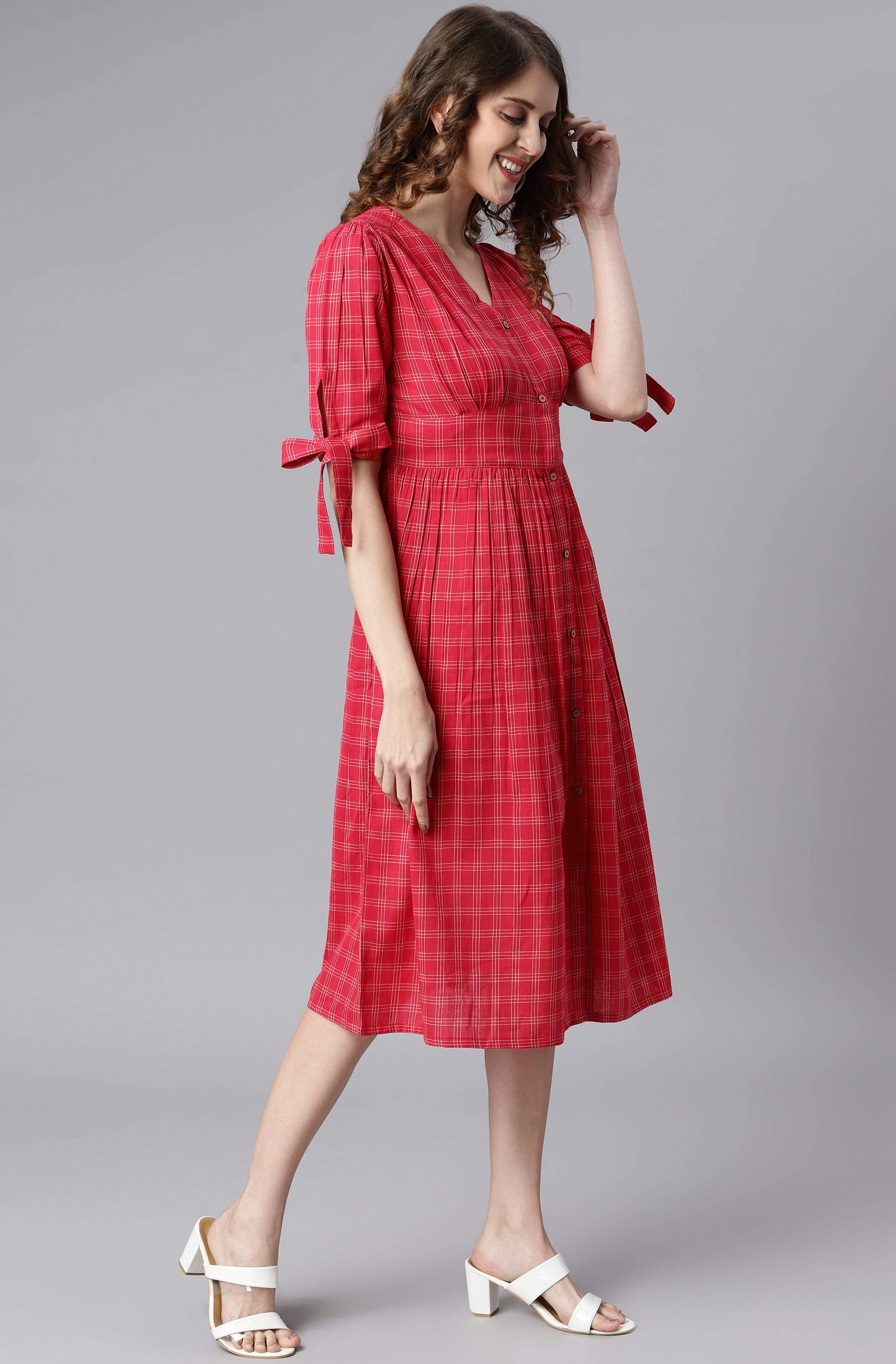 Women's Checkered Red Cotton Dress - Janasya