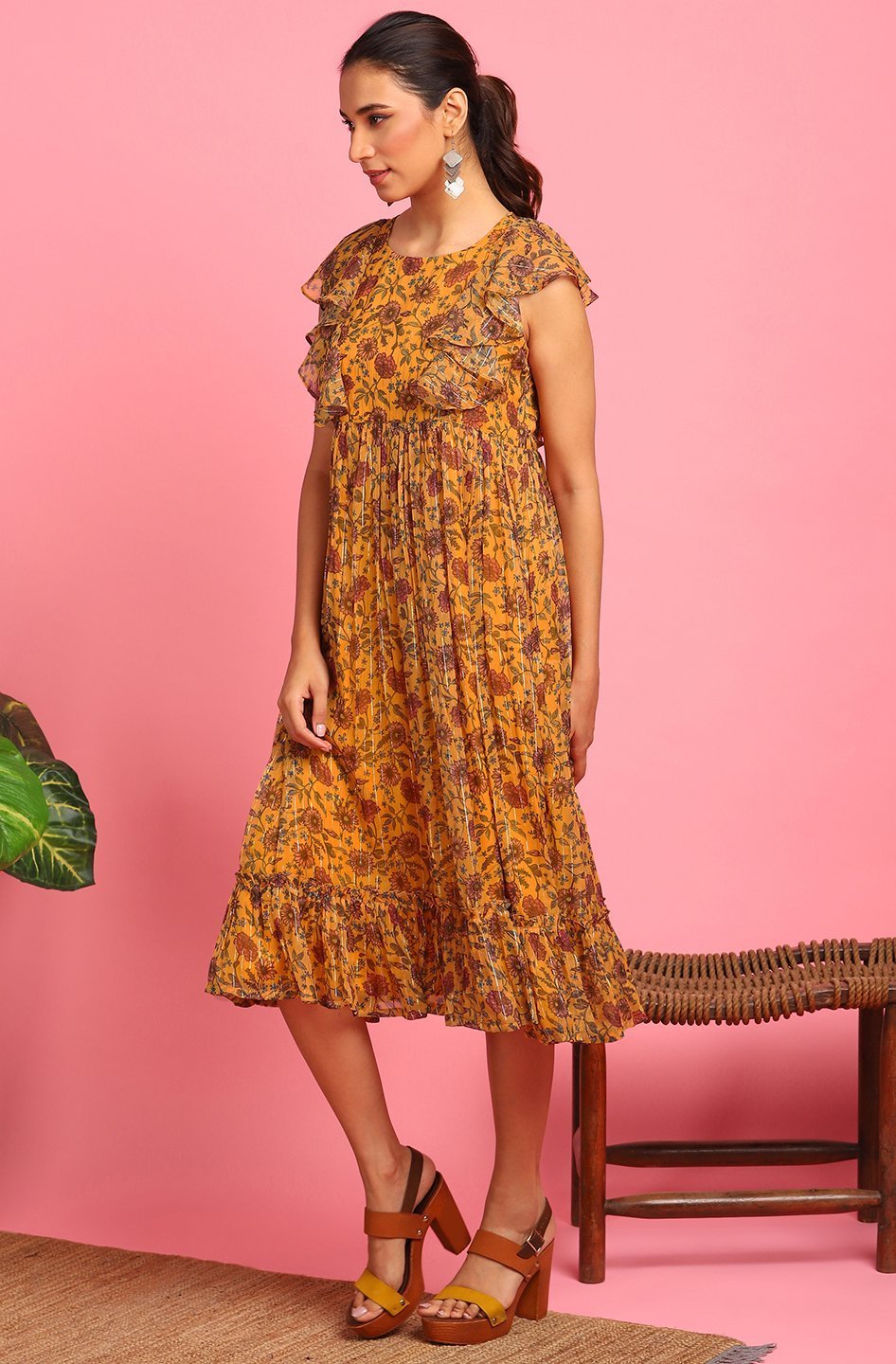 Women's Mustard Poly Georgette Western Dress-Janasya
