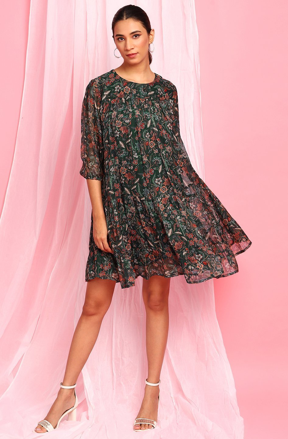 Women's Green Poly Georgette Western Dre