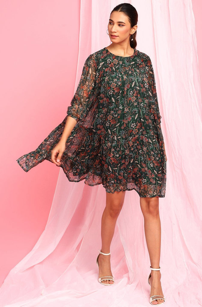 Women's Green Poly Georgette Western Dre