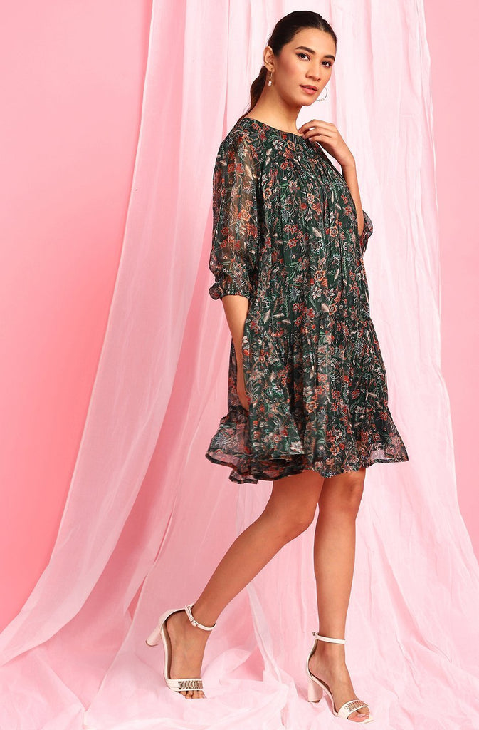 Women's Green Poly Georgette Western Dre