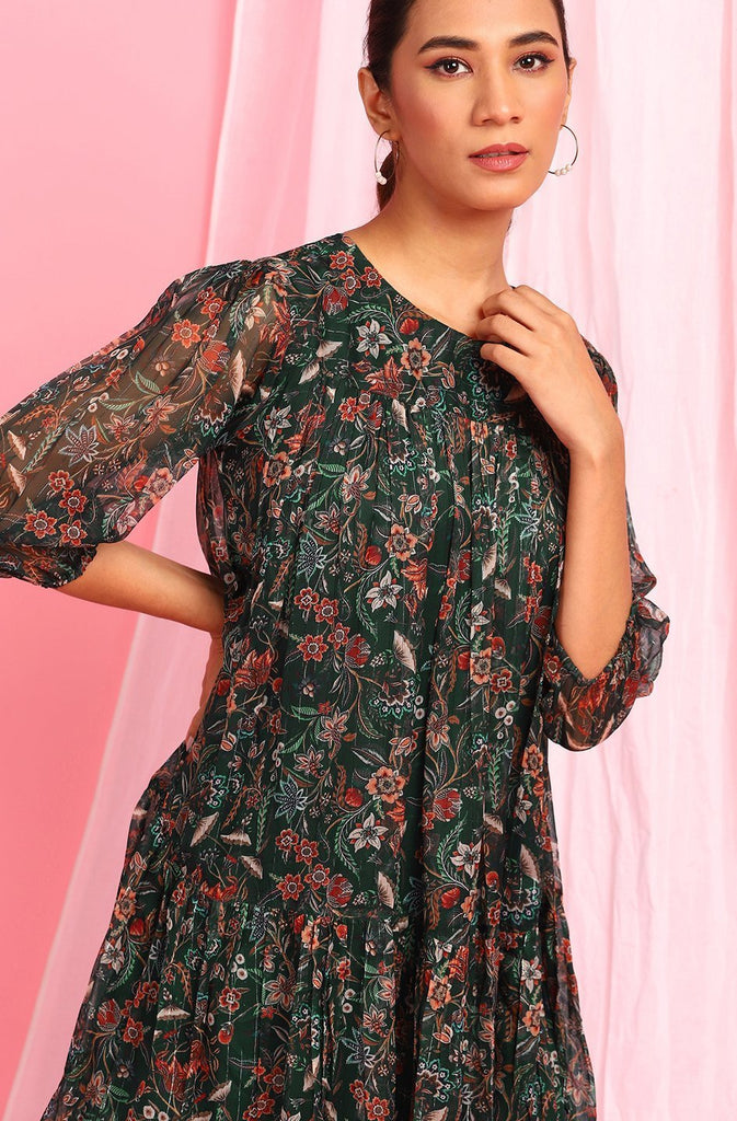 Women's Green Poly Georgette Western Dre